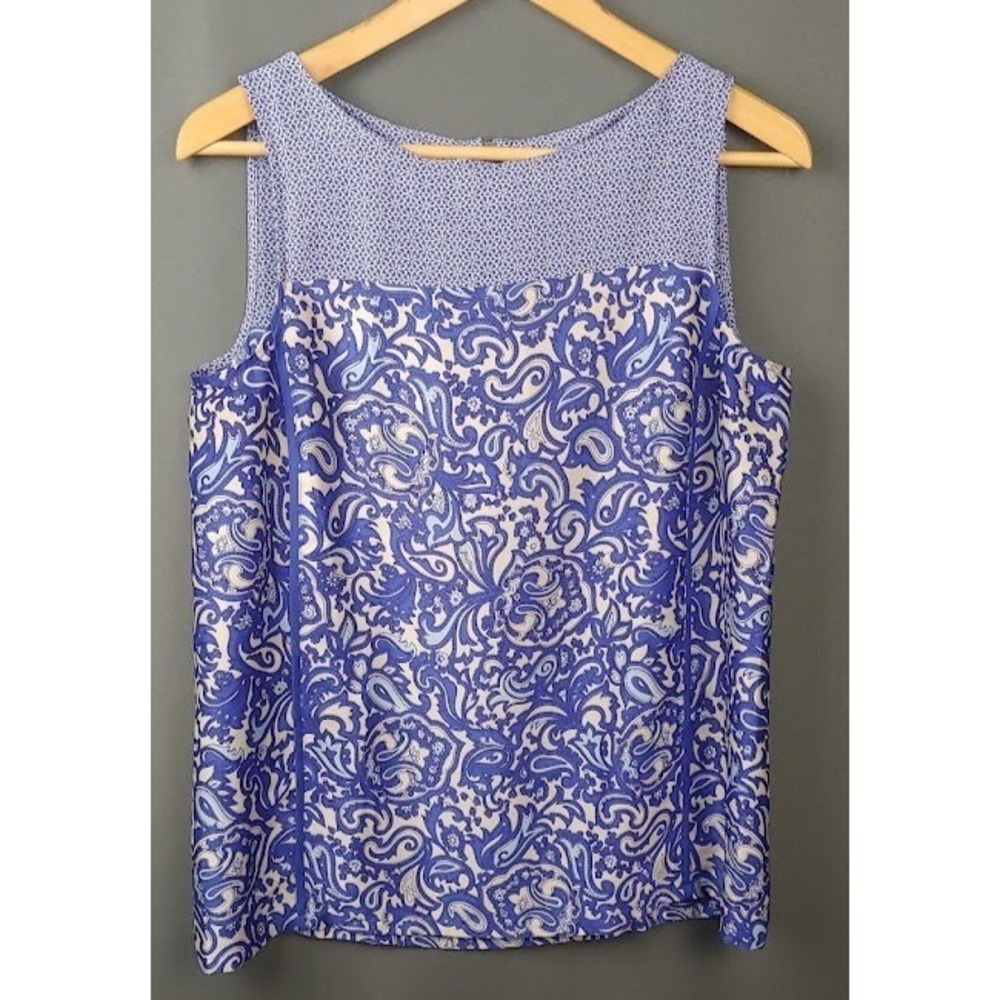 06 LOFT Womens Sleeveless Blouse Size S Blue White Paisley Print Scoop Neck Top